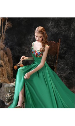 Asymmetric One Shoulder Ruched Satin Prom Dress with Floral Embroidery KSP637