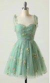 Embroidery Tulle Short Homecoming Dress Bowkont Tie Straps KSP638