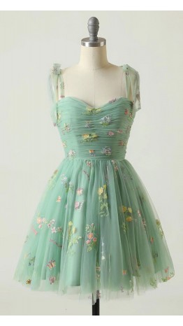 Embroidery Tulle Short Homecoming Dress Bowkont Tie Straps KSP638