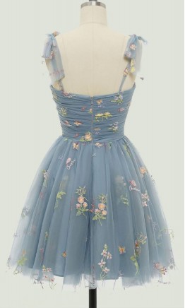 Embroidery Tulle Short Homecoming Dress Bowkont Tie Straps KSP638