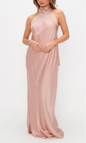 Blush Pink Satin Maxi Bridesmaid Dress with Bowknot Halter Neck KSP676