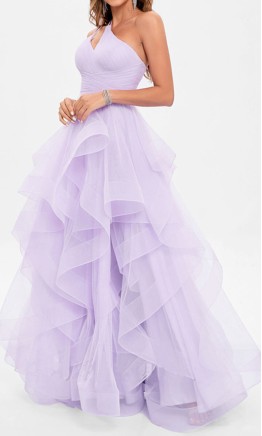 Lilac One Shoulder Keyhole Layered Tulle Prom Dress KSP677