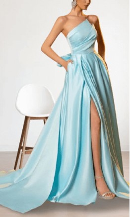 Light Blue Asymmetric Strapless Prom Ball Gowns with Pockets KSP687
