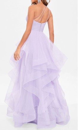 Indigo One Shoulder Keyhole Layered Tulle Prom Dress KSP677