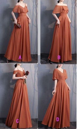 Long burnt orange chiffon bridesmaid dress with elegant pleated bodice KSP641
