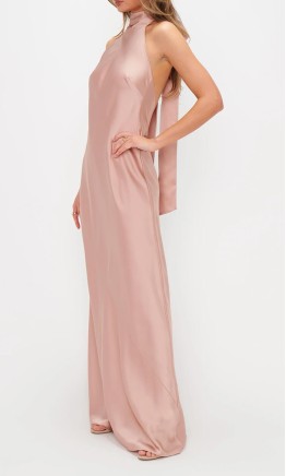 Blush Pink Satin Maxi Bridesmaid Dress with Bowknot Halter Neck KSP676