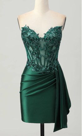 Dark Green Side Draped Bodycon Corset Short Prom Dresses KSP681
