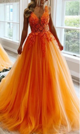 3D Flowers Orange Tulle Sheer Princess Prom Gowns KSP645