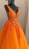 3D Flowers Orange Tulle Sheer Princess Prom Gowns KSP645