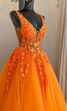 3D Flowers Orange Tulle Sheer Princess Prom Gowns KSP645