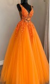 3D Flowers Orange Tulle Sheer Princess Prom Gowns KSP645
