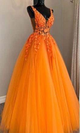 3D Flowers Orange Tulle Sheer Princess Prom Gowns KSP645