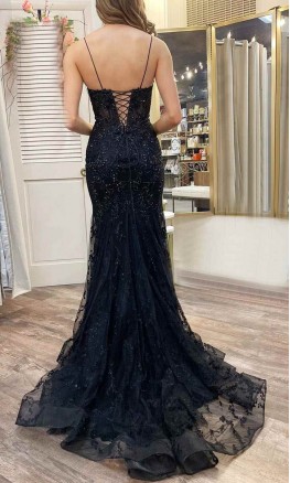 Embellished Black Trumpet Prom Dresses with Straps KSP628