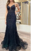 Embellished Black Trumpet Prom Dresses with Straps KSP628