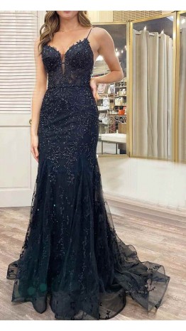 Embellished Black Trumpet Prom Dresses with Straps KSP628