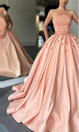 Straight Neck Floral Peach Princess Prom Gowns with Bowknot KSP642