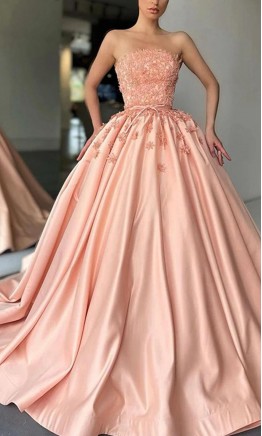 Straight Neck Floral Peach Princess Prom Gowns with Bowknot KSP642