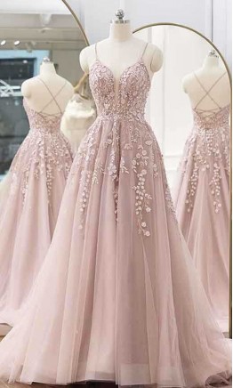 A-line Plung Spaghetti Strap Pastel Pink Prom Dresses Appliqued KSP643