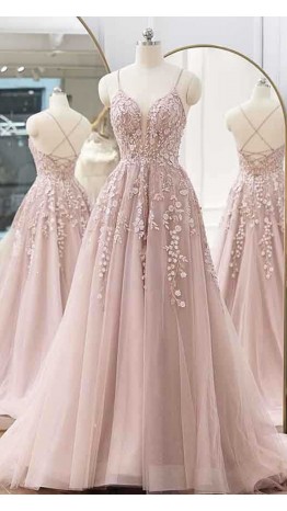 A-line Plunge Spaghetti Strap Pastel Pink Prom Dresses Appliqued KSP643
