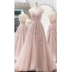 A-line Plunge Spaghetti Strap Pastel Pink Prom Dresses Appliqued KSP643