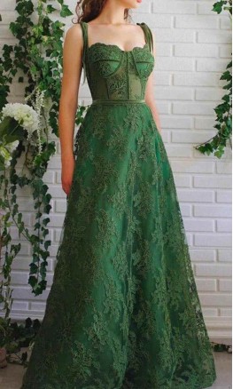 Retro Appliqued Corset Green Lace Prom Dresses with Straps KSP631