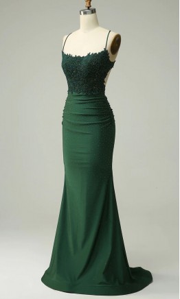 Shimmering Green Strappy Trumpet Ruched Prom Dresses  KSP646