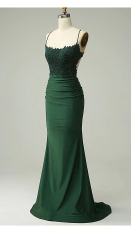 Shimmering Green Square Neck Trumpet Prom Dress with Ruched Detail KSP646