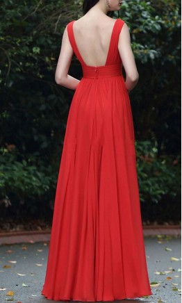 Flowy Red Plunge V-Neck Prom Dress with High Slit KSP506