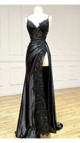 Black Spaghetti Straps Appliques Asymmetric Slit Prom Dresses KSP644