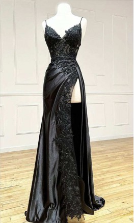 Black Spaghetti Straps Appliques Asymmetric Slit Prom Dresses KSP644