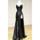 Black Spaghetti Straps Appliques Asymmetric Slit Prom Dresses KSP644