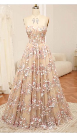 Floral Embellished Sheer Corset Prom Gowns KSP655