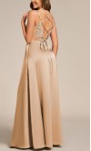 Elegant champagne gold satin bridesmaid dress with lace details and a customizable multi-way back HPBD710