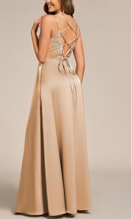 Elegant champagne gold satin bridesmaid dress with lace details and a customizable multi-way back HPBD710