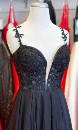 Yellow plunging sheer lace bodice prom dress with spaghetti straps front view