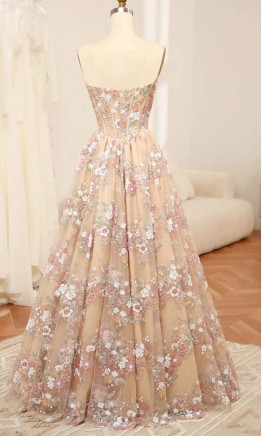 Floral embellished sheer corset prom gown KSP655 champagne gold front view
