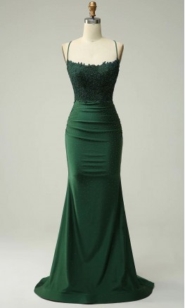 Shimmering Green Strappy Trumpet Ruched Prom Dresses  KSP646