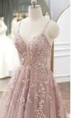 A-line Plung Spaghetti Strap Pastel Pink Prom Dresses Appliqued KSP643