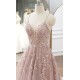 A-line Plunge Spaghetti Strap Pastel Pink Prom Dresses Appliqued KSP643