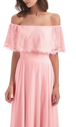 Long soft pink bridesmaid dress with lace off-the-shoulder bodice and flowy chiffon skirt KSP647