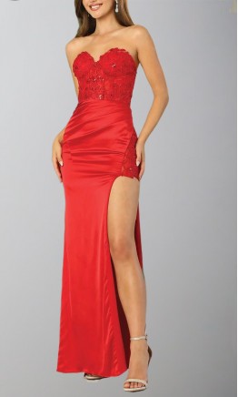 Red Satin Sweetheart Corset Bodycon Prom Dresses with Slit KSP649
