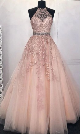 Rose Pink Appliqued Halter Tulle Prom Dress Strappy Back KSP648