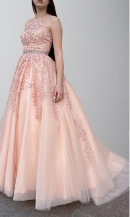 Rose Pink Appliqued Halter Tulle Prom Dress Strappy Back KSP648