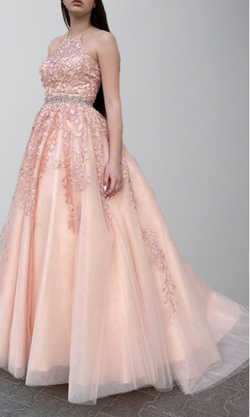 Rose Pink Appliqued Halter Tulle Prom Dress Strappy Back