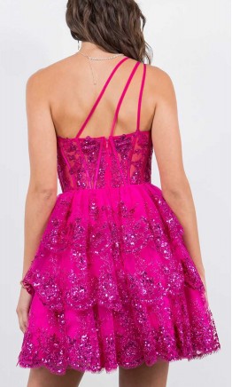 Sequined Tiered Lace One Shoulder Magenta Pink Short Graduation Dresses KSP652