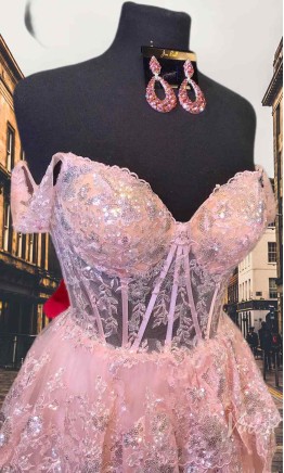 Sequined Tiered Lace Sheer Corset Pink Prom Gowns with Slit KSP650