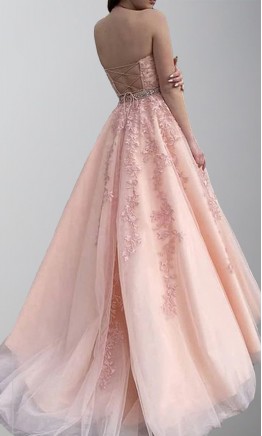 Rose Pink Appliqued Halter Tulle Prom Dress Strappy Back KSP648