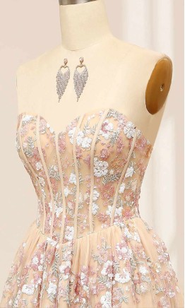 Floral Embellished Sheer Corset Prom Gowns KSP655