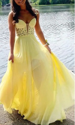 Plunging Sheer Lace Bodice Yellow Straps Prom Dresses KSP630