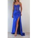 Electric Blue Sheer Corset Ruched Prom Dress with Slit KSP662
